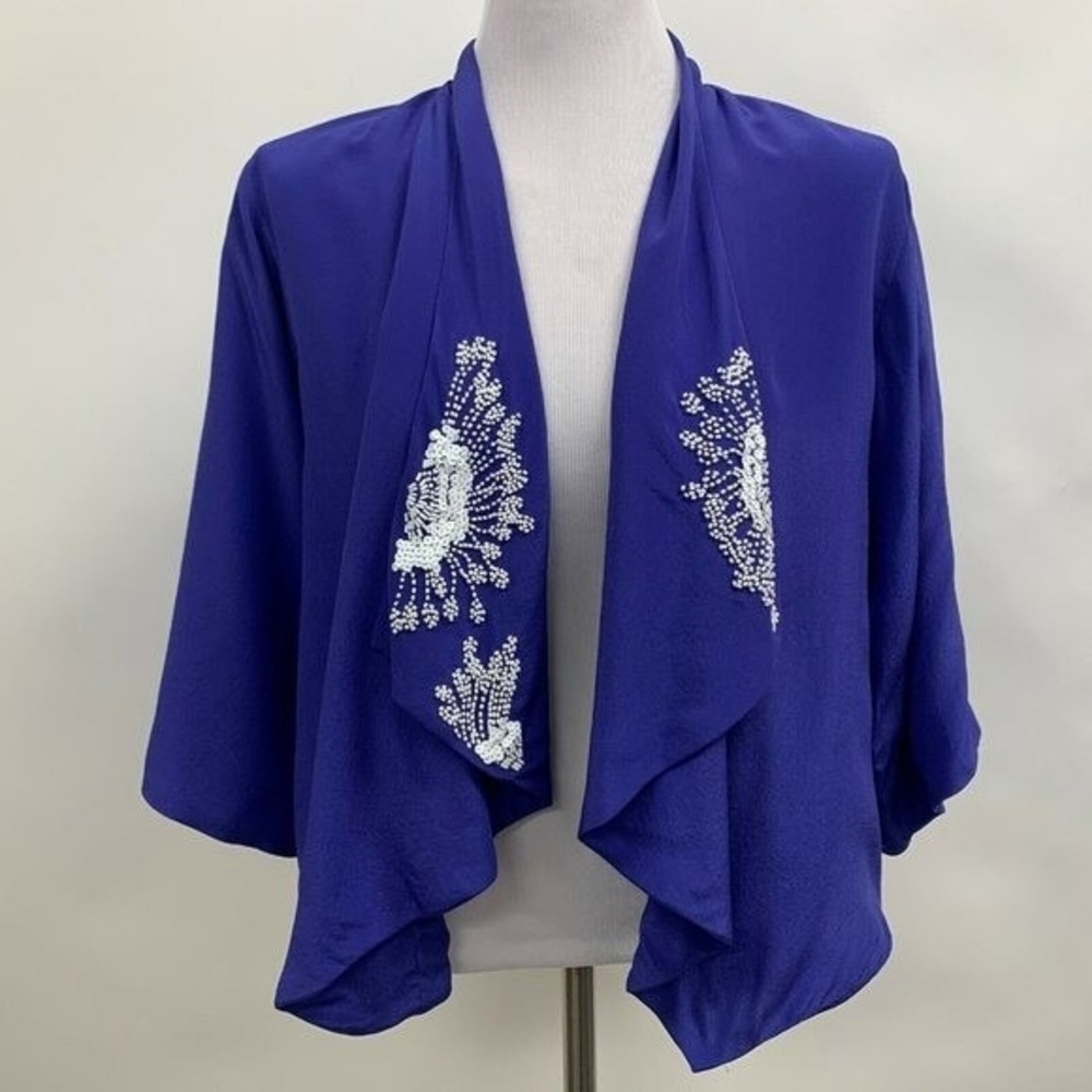 Leifsdottir Women's Top Small Purple White 100% Silk Beaded Open Front